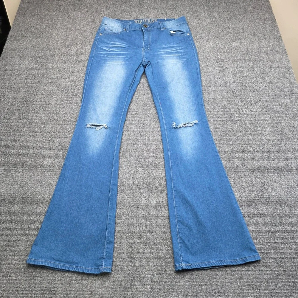 VIP Jeans Womens 13/31 Distressed Flare Bell Bottom Blue Denim Stretch Mid‎ Rise